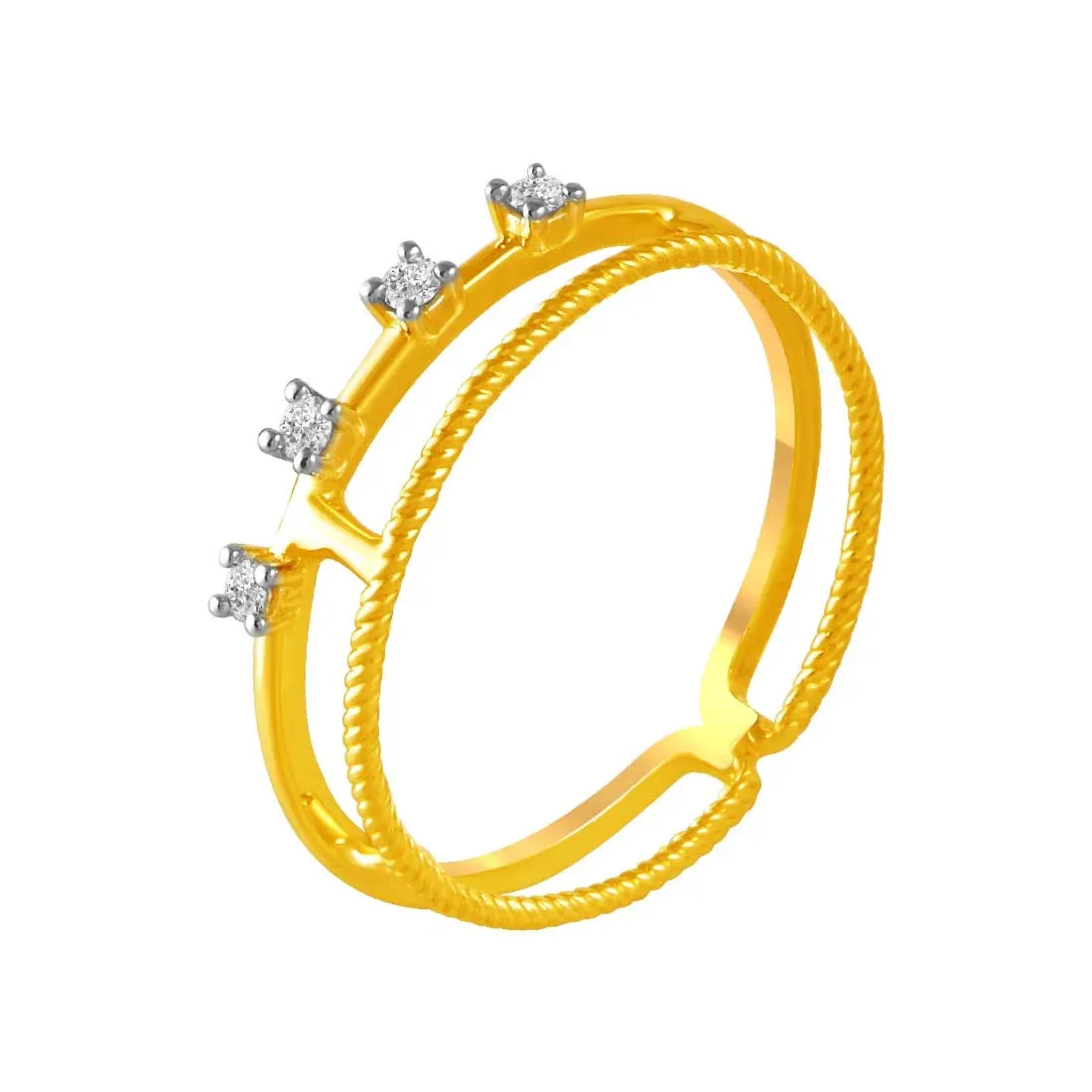 14K Diamond-studded Gold Ring With A Double-band Design And A Twisted, Rope-like Band Overlapping A Plain Band