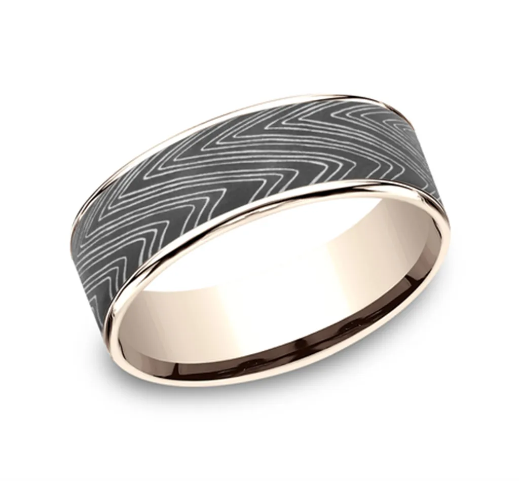 14K Rose Gold And Darkened Tantalum ??The Herringbone?? 7.5mm Comfort Fit Wedding Band