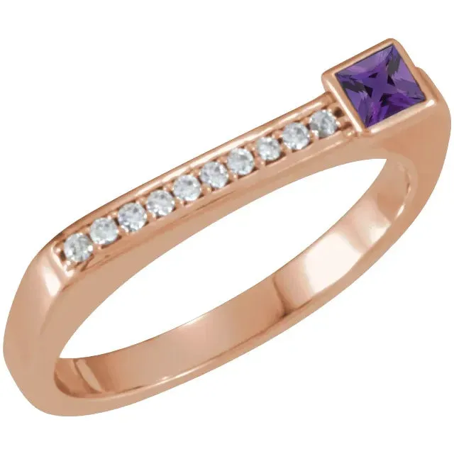 14K White Gold Natural Amethyst and Diamond Stackable Ring