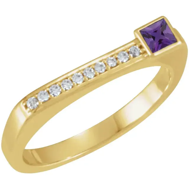 14K White Gold Natural Amethyst and Diamond Stackable Ring