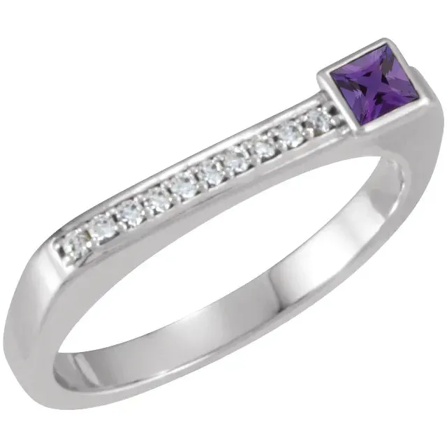 14K White Gold Natural Amethyst and Diamond Stackable Ring