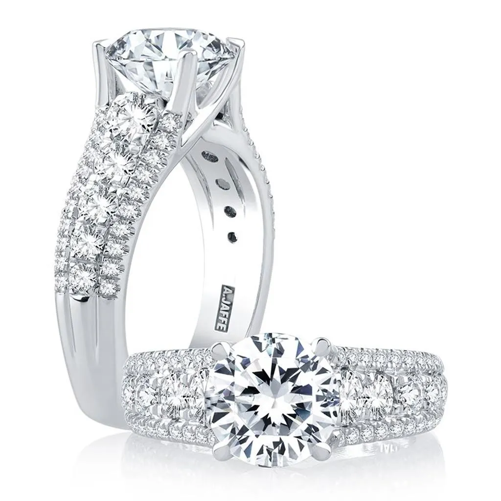 14K White Gold Wide Band Round Diamond Engagement Ring