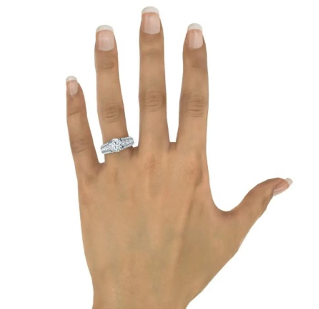 14K White Gold Wide Band Round Diamond Engagement Ring