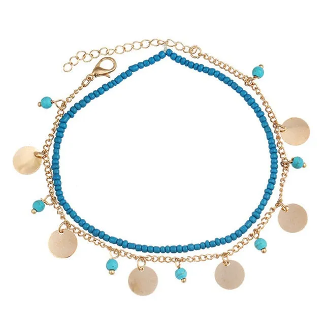 17KM Vintage Boho Multi Layer Beads Anklets For Women Fashion Sun Pendent Anklet Cotton Handmade Chain Foot Party Jewelry Gift