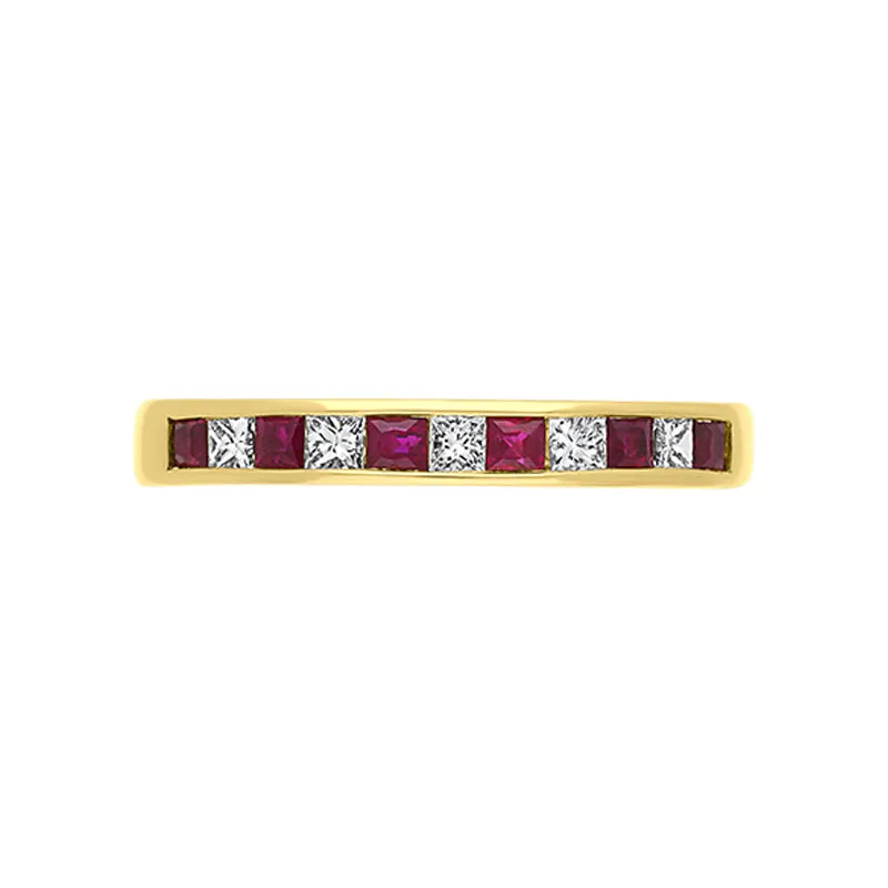 18ct Yellow Gold Ruby Diamond Eleven Stone Princess Cut Channel Set Ring