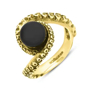 18ct Yellow Gold Whitby Jet Bead Twist Tentacle Ring