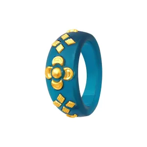22KT (916) Yellow Gold Blue Pola Ring With Floral Embellishments For Women & Girls (Size 15)