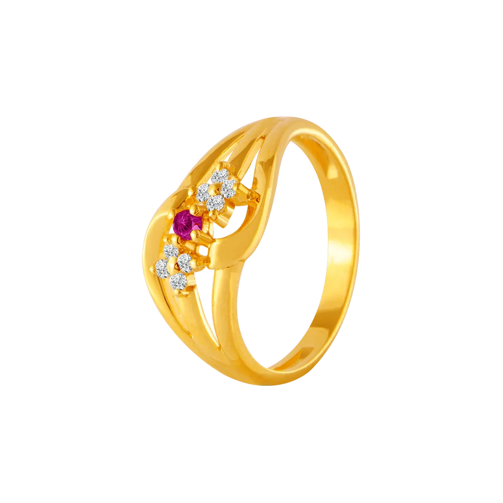 22KT Yellow Gold, American Diamond And Ruby Ring For Women