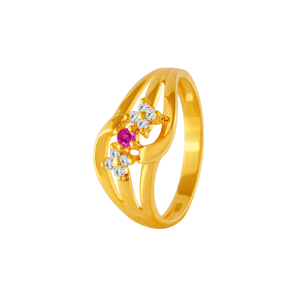 22KT Yellow Gold, American Diamond And Ruby Ring For Women