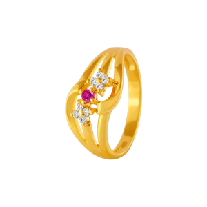 22KT Yellow Gold, American Diamond And Ruby Ring For Women
