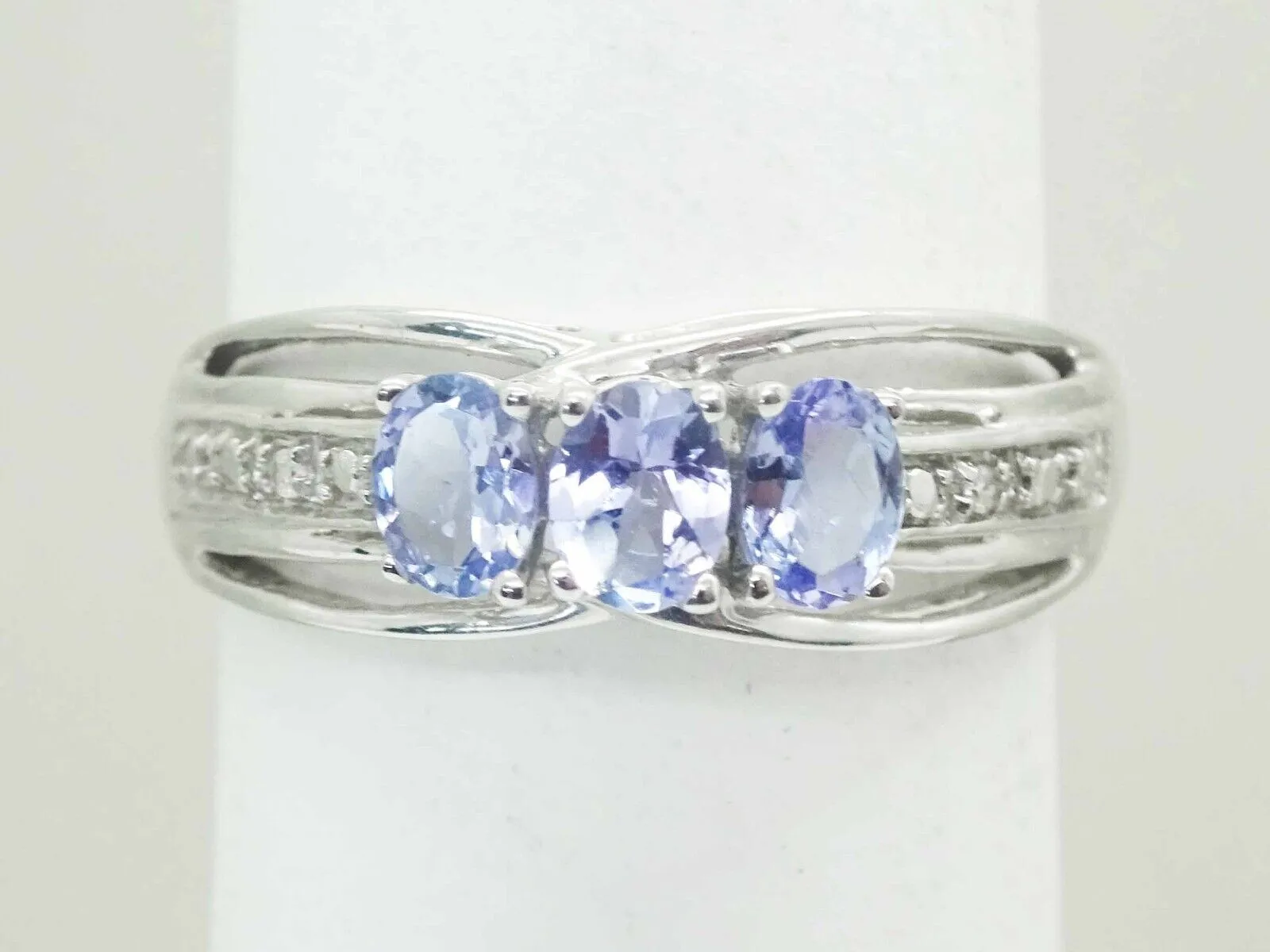 3-Stone Natural Blue Amethyst & Diamond Filigree Ring 10k White Gold Size 7
