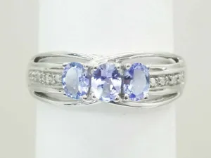 3-Stone Natural Blue Amethyst & Diamond Filigree Ring 10k White Gold Size 7