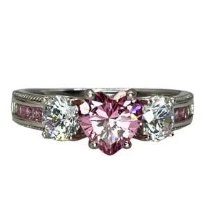 925 Sterling Silver Pink White CZ Rhodium Heart Sz 8.25 Ring Love Valentines