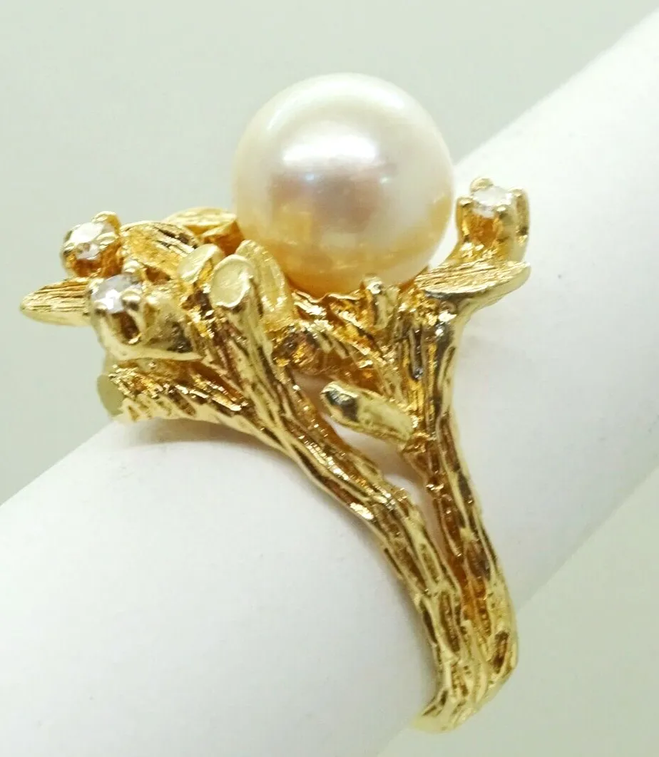 9mm Akoya Pearl & Earth Mined Diamond Leaf Design Ring 14k Gold Size 6.75