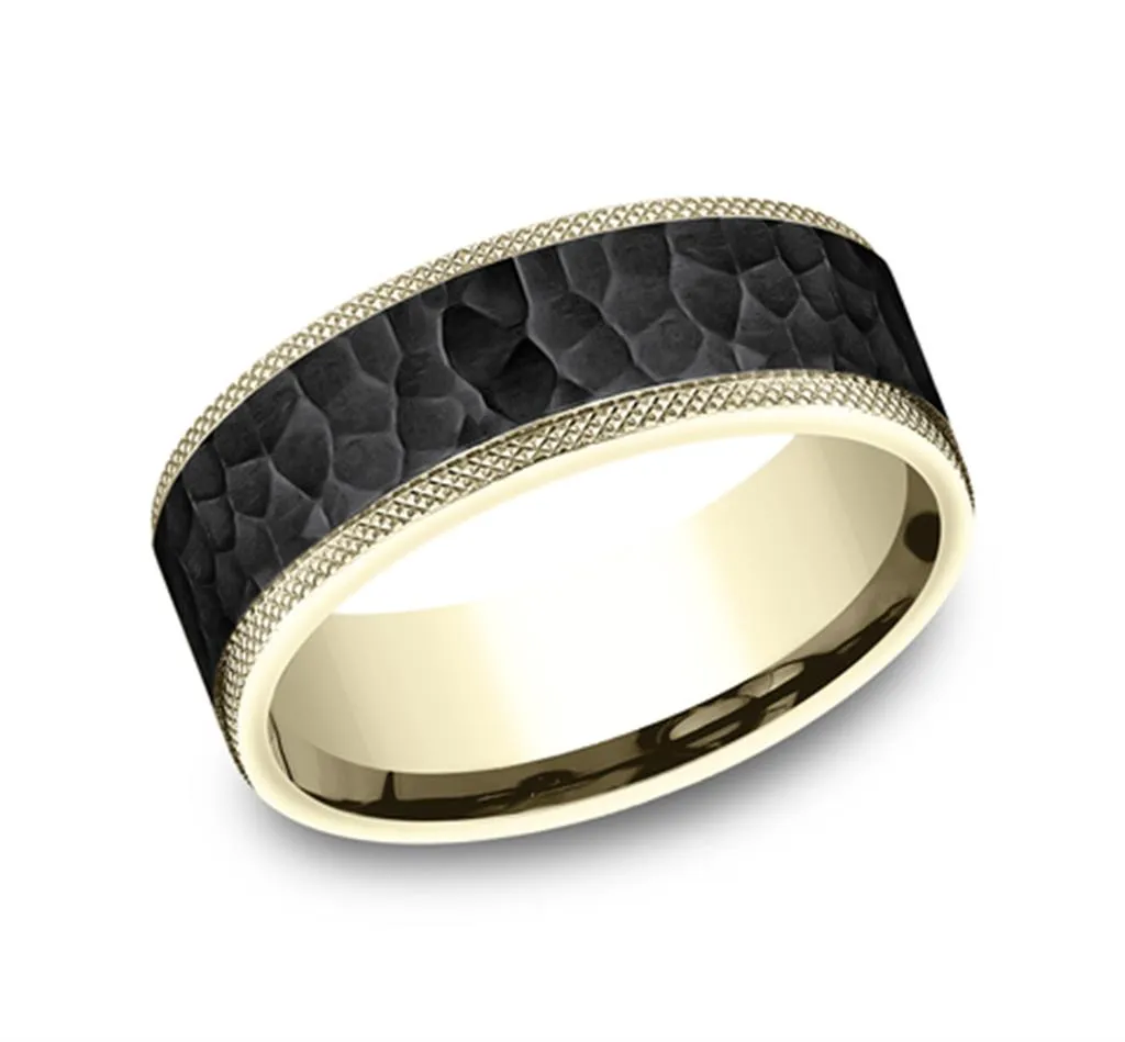 Black Titanium And 14K Yellow Gold ??The Griffin?? Hammered Finish 8mm Wedding Band