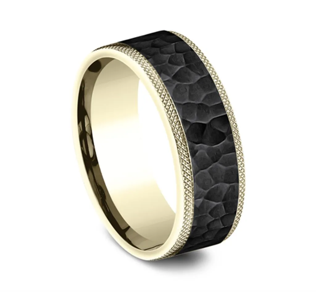 Black Titanium And 14K Yellow Gold ??The Griffin?? Hammered Finish 8mm Wedding Band