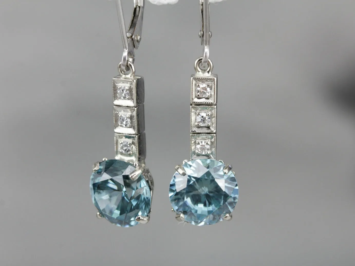 Blue Zircon and Diamond Drop Earrings