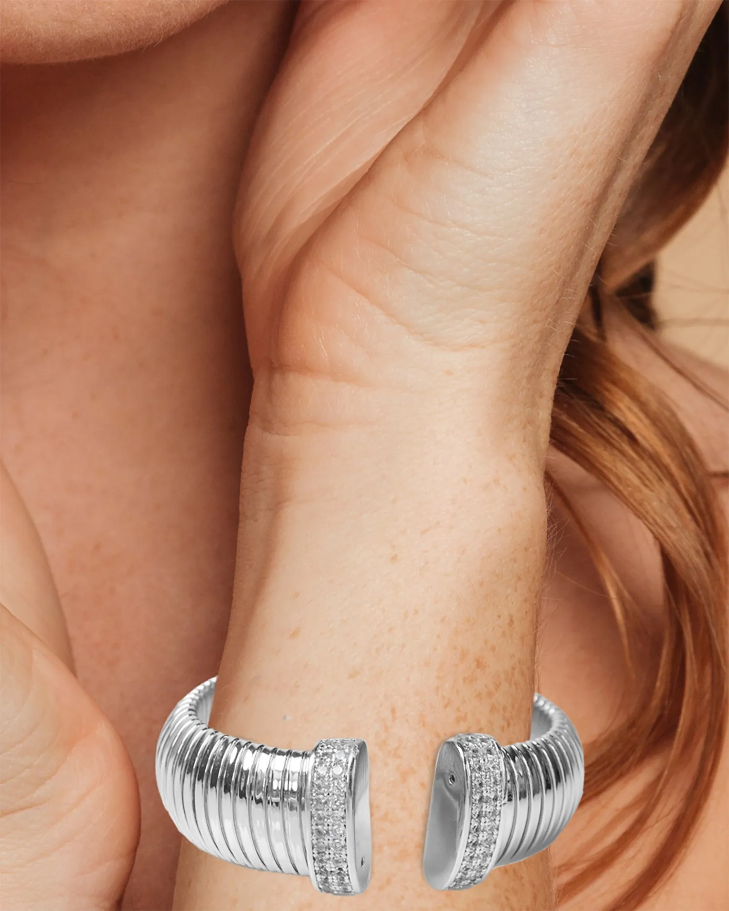 Cubic Zirconia & Rhodium Plated Round Pave Cuff Bracelet
