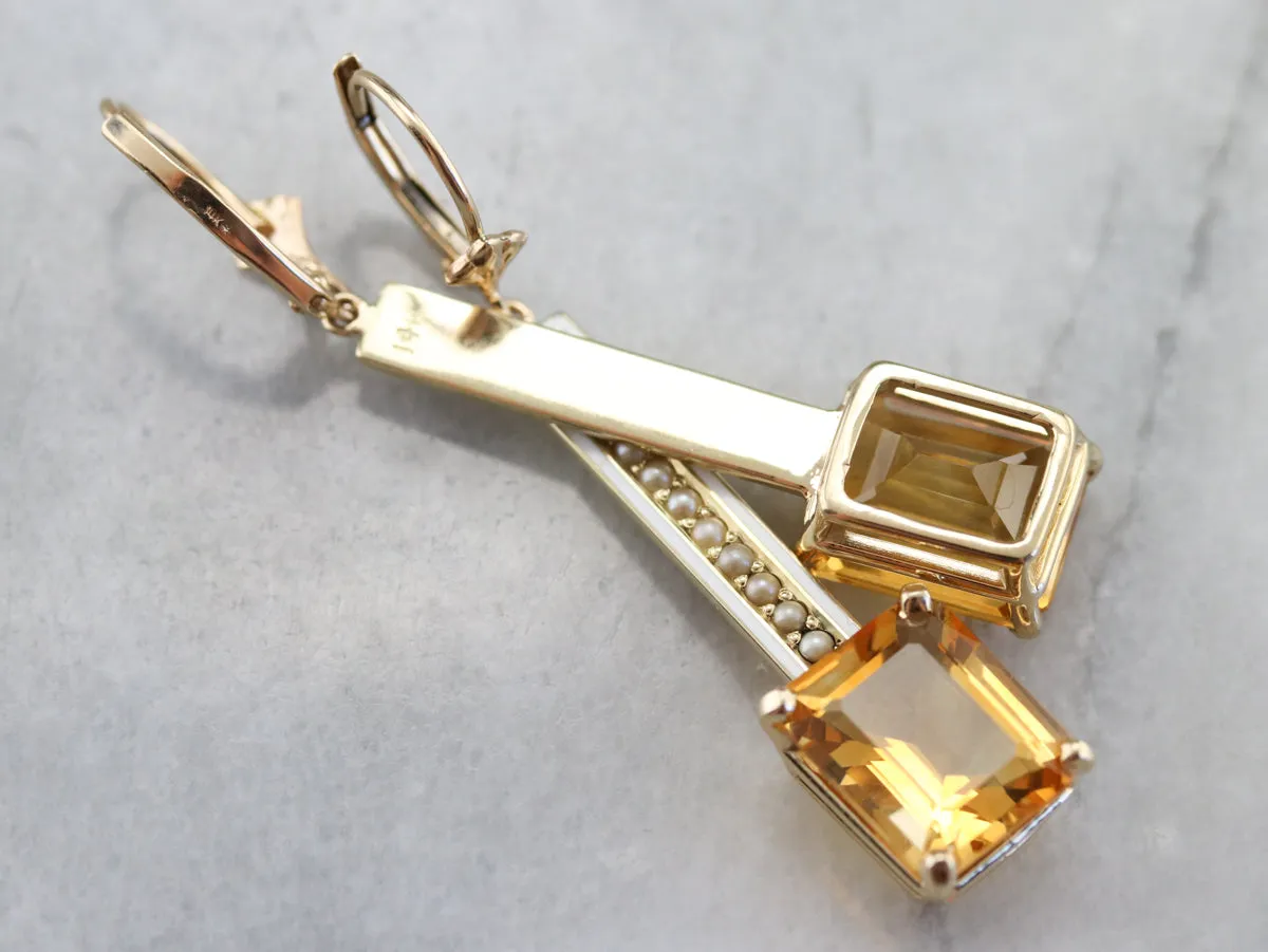 Enamel Citrine and Seed Pearl Drop Earrings