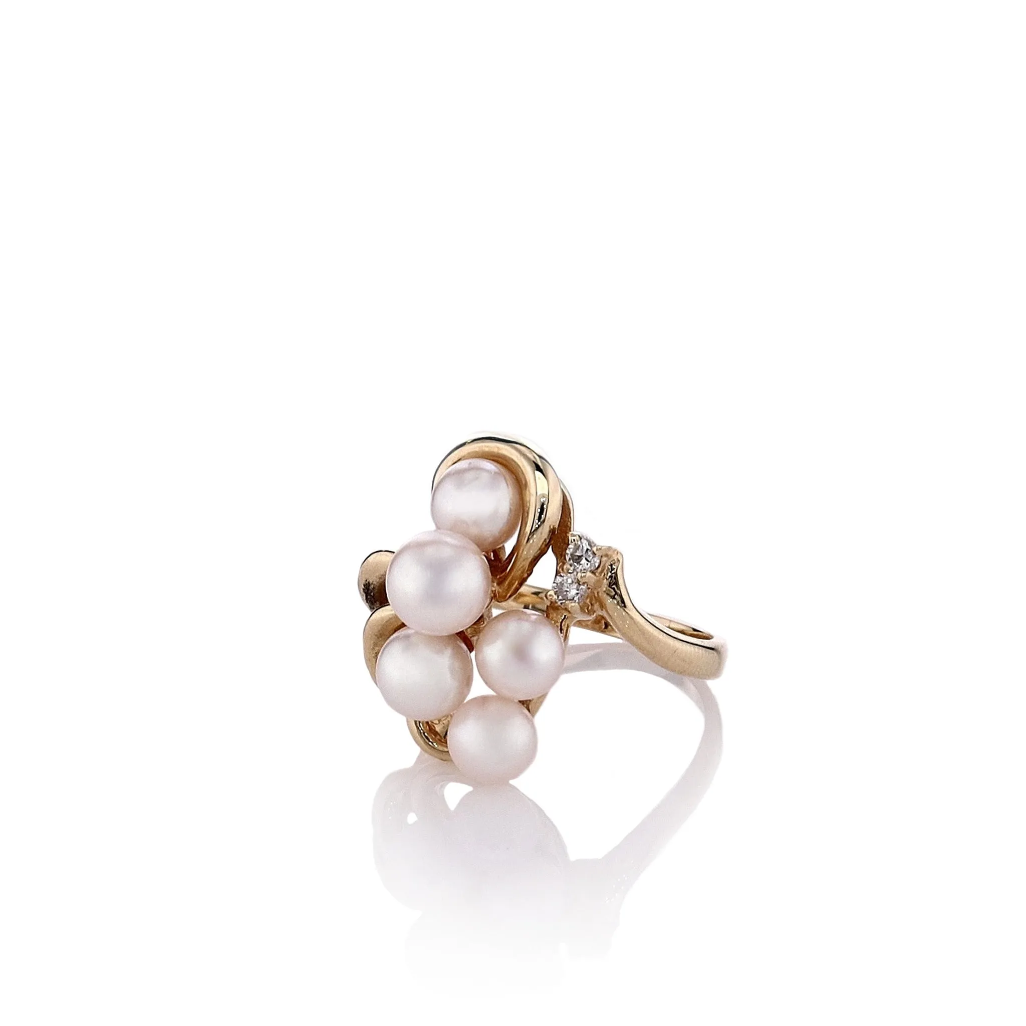 Estate 14k Yellow Gold Cultured Pearl and Diamond Cluster Ring
