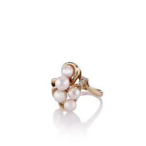 Estate 14k Yellow Gold Cultured Pearl and Diamond Cluster Ring