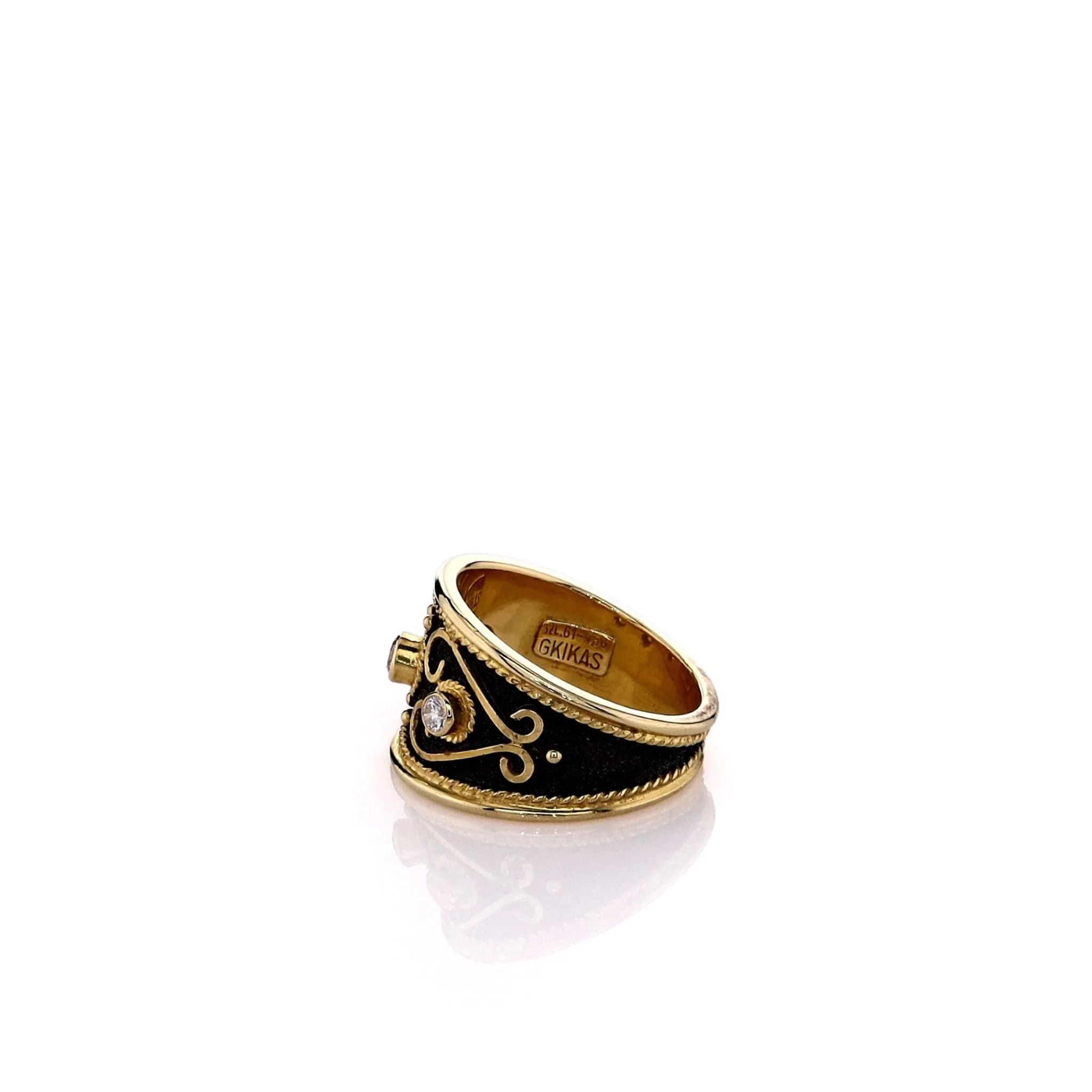 Estate 18k Yellow Gold Darkened Design Tapered Bezel-Set Diamond Ring