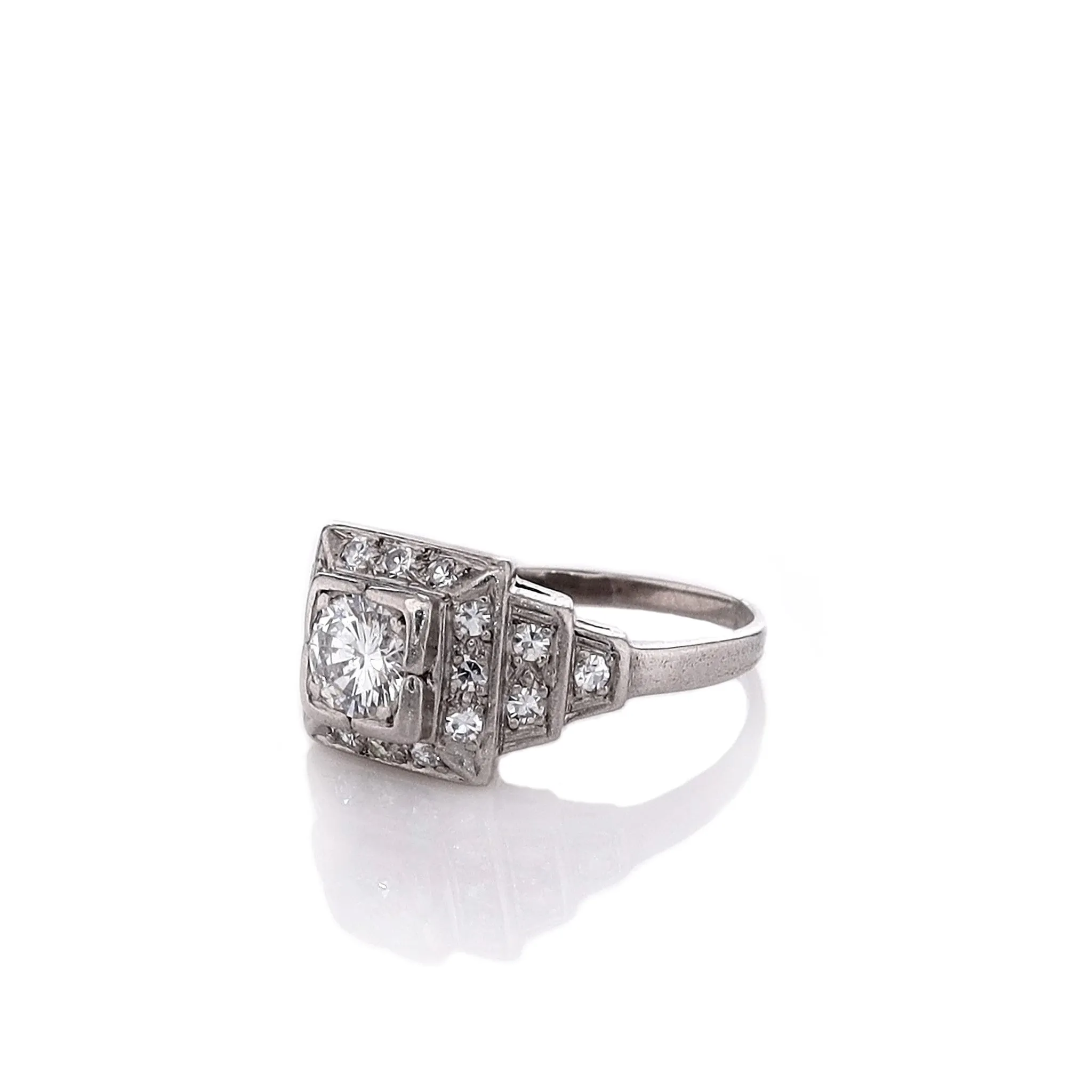 Estate Platinum Step Tower Design Diamond Square Halo Ring