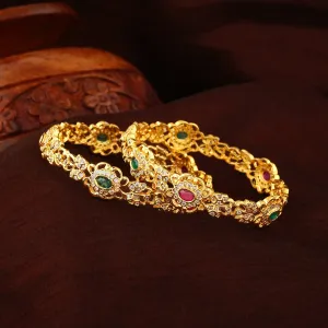 Estele Gold-Plated Elegant Floral Pattern 2:6 Size Bangles with Multi-Color American Diamonds for Women| A Blend of Tradition & Vibrance