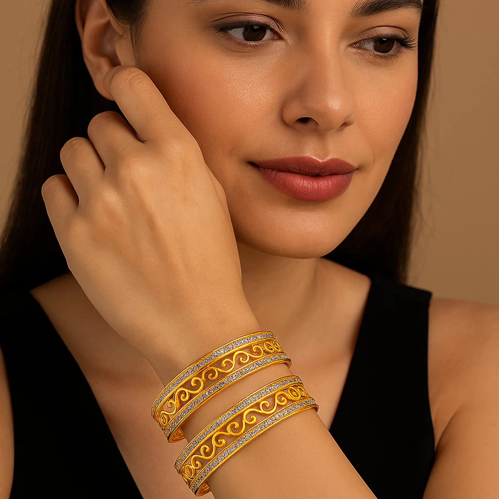 Estele Luxury Gold-Tone Bangles ?C 2.6 Size with Intricate Floral Vine Design & CZ Stone Accents ?C OSBR-VK11011-26 BANGLE