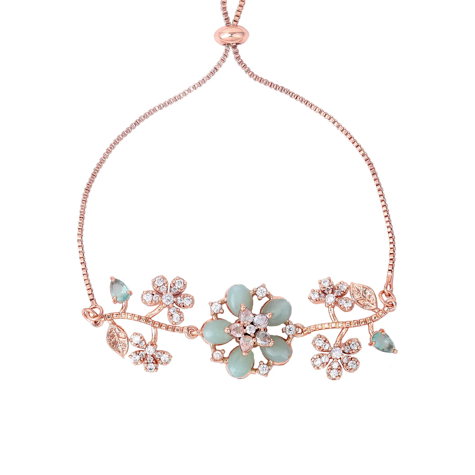 Estele Rosegold Plated Flower-Decorated Mint Green Beaded Adjustable Charm Bracelet|A Graceful Wristlet for Modern Ladies