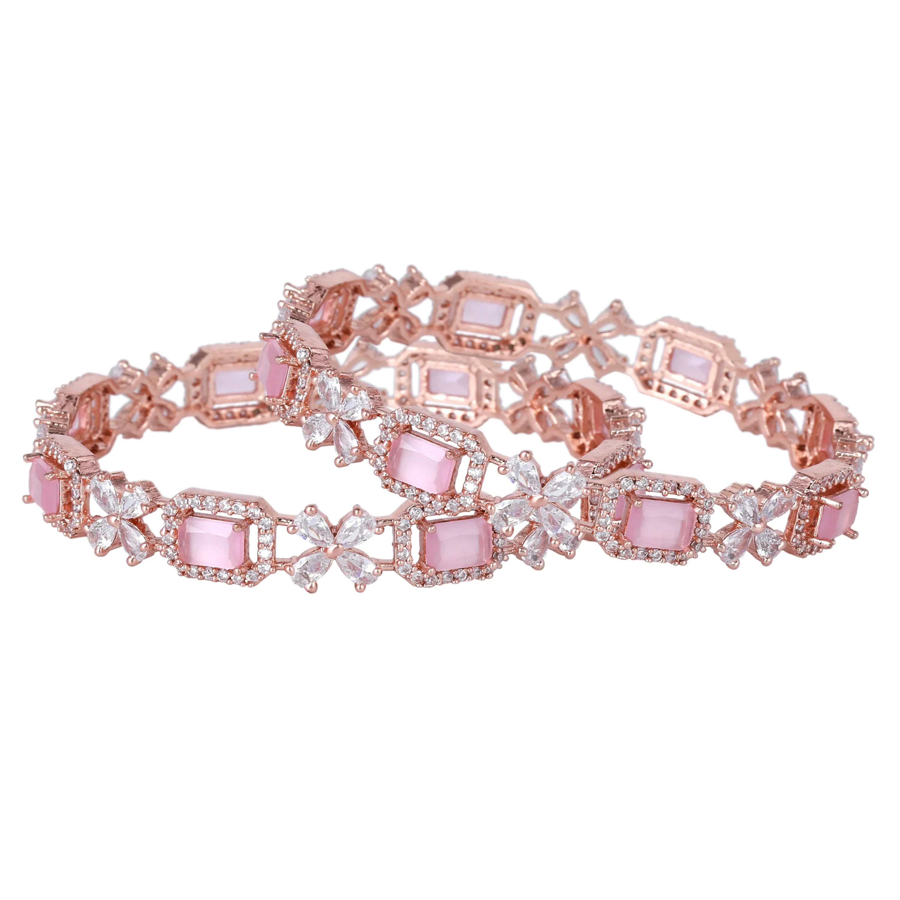 Estele Rosegold Plated Glossy Mint Pink American Diamond Floral Bangles|Available in 2:4, 2:6, & 2:8 Sizes|Perfect Blend of Glamour & Elegance for Women