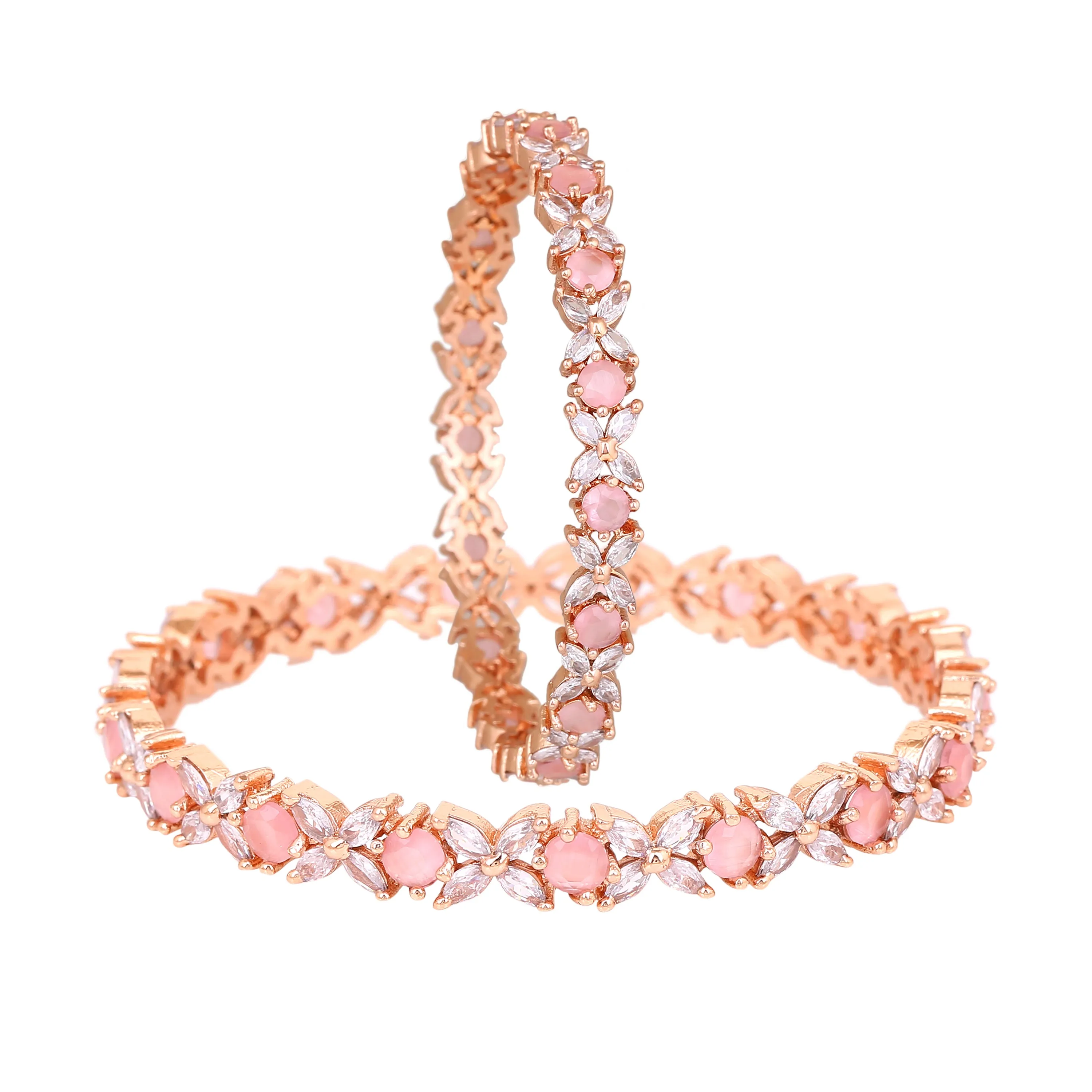 Estele Rosegold Plated Mint Pink American Diamond Charming Floral Bangles | Available in 2:4, 2:6, & 2:8 Sizes | Perfect Fit & Timeless Elegance for Women