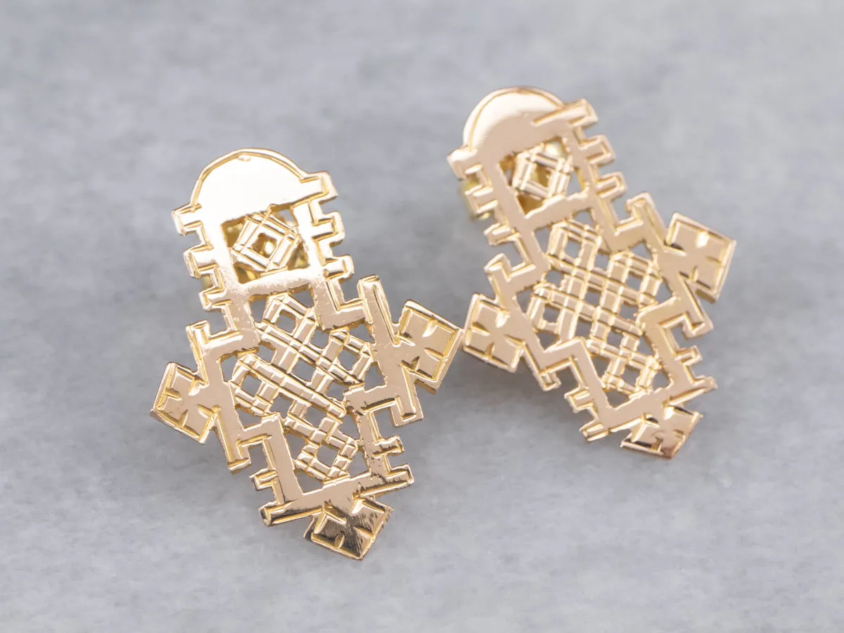 Etched Gold Ethiopian Cross Stud Earrings