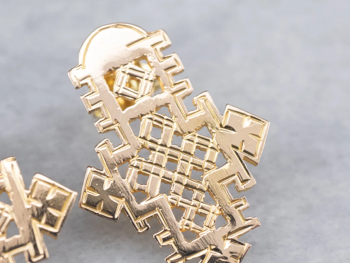Etched Gold Ethiopian Cross Stud Earrings