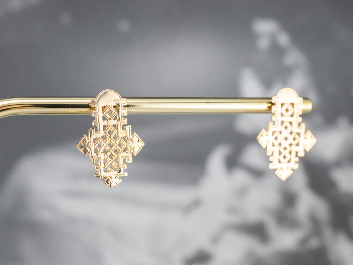 Etched Gold Ethiopian Cross Stud Earrings