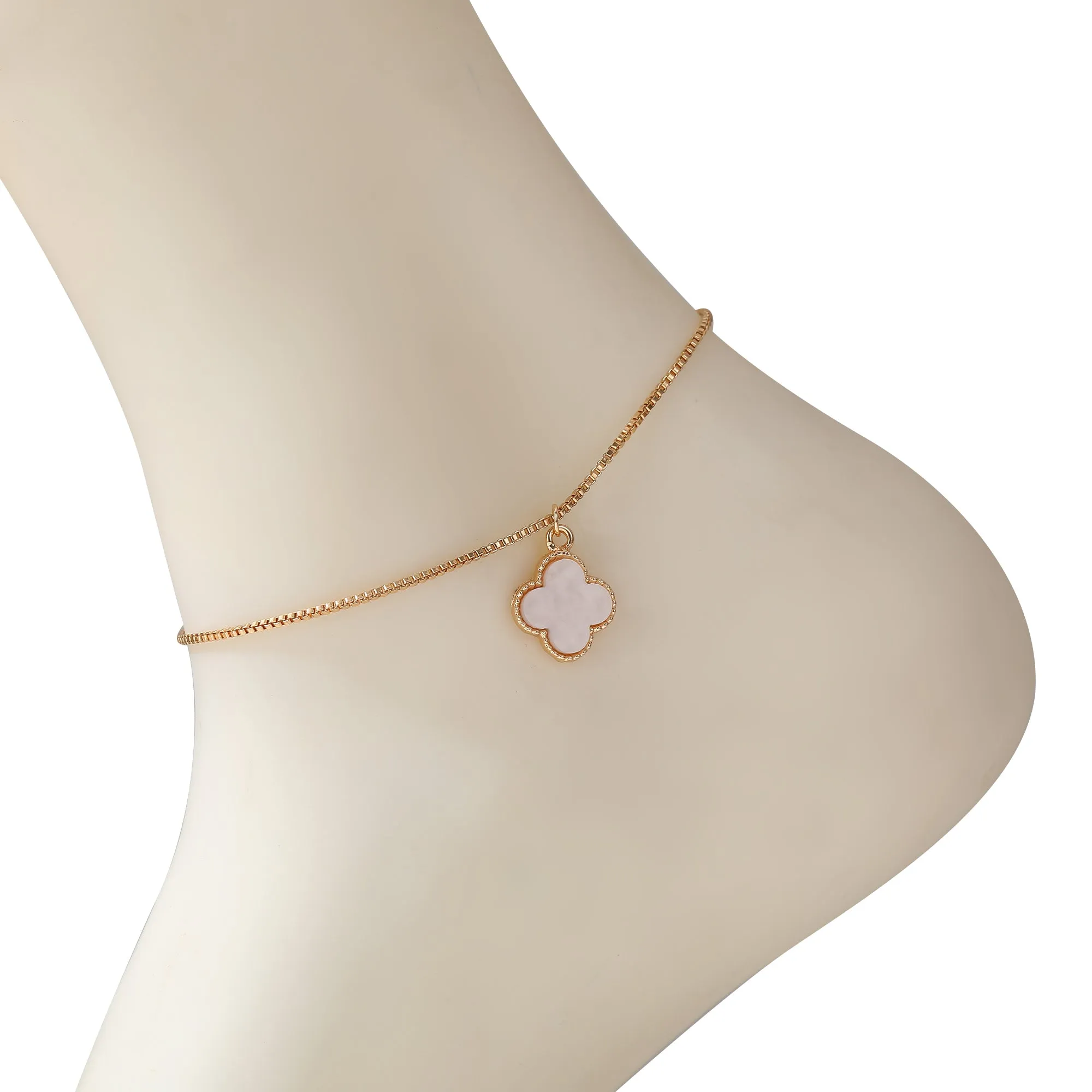Gold Anklet with Pearlized Clover Charms - Elegant & Charming Jewelry for Women in Pastel Purple, Mint, Pink & White - Perfect for Everyday Wear or Special Occasions
