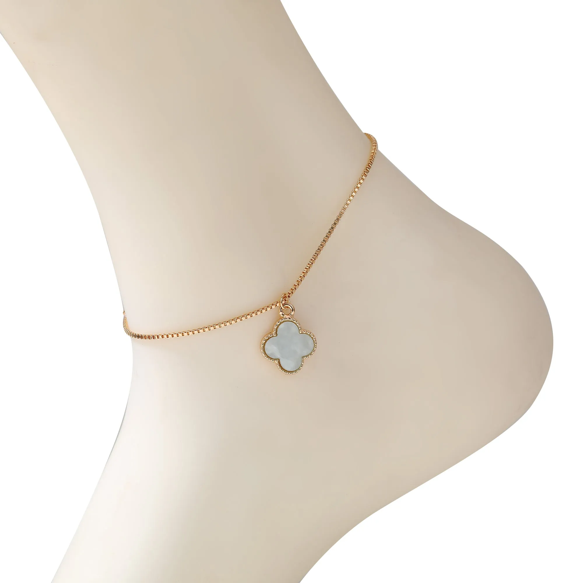 Gold Anklet with Pearlized Clover Charms - Elegant & Charming Jewelry for Women in Pastel Purple, Mint, Pink & White - Perfect for Everyday Wear or Special Occasions