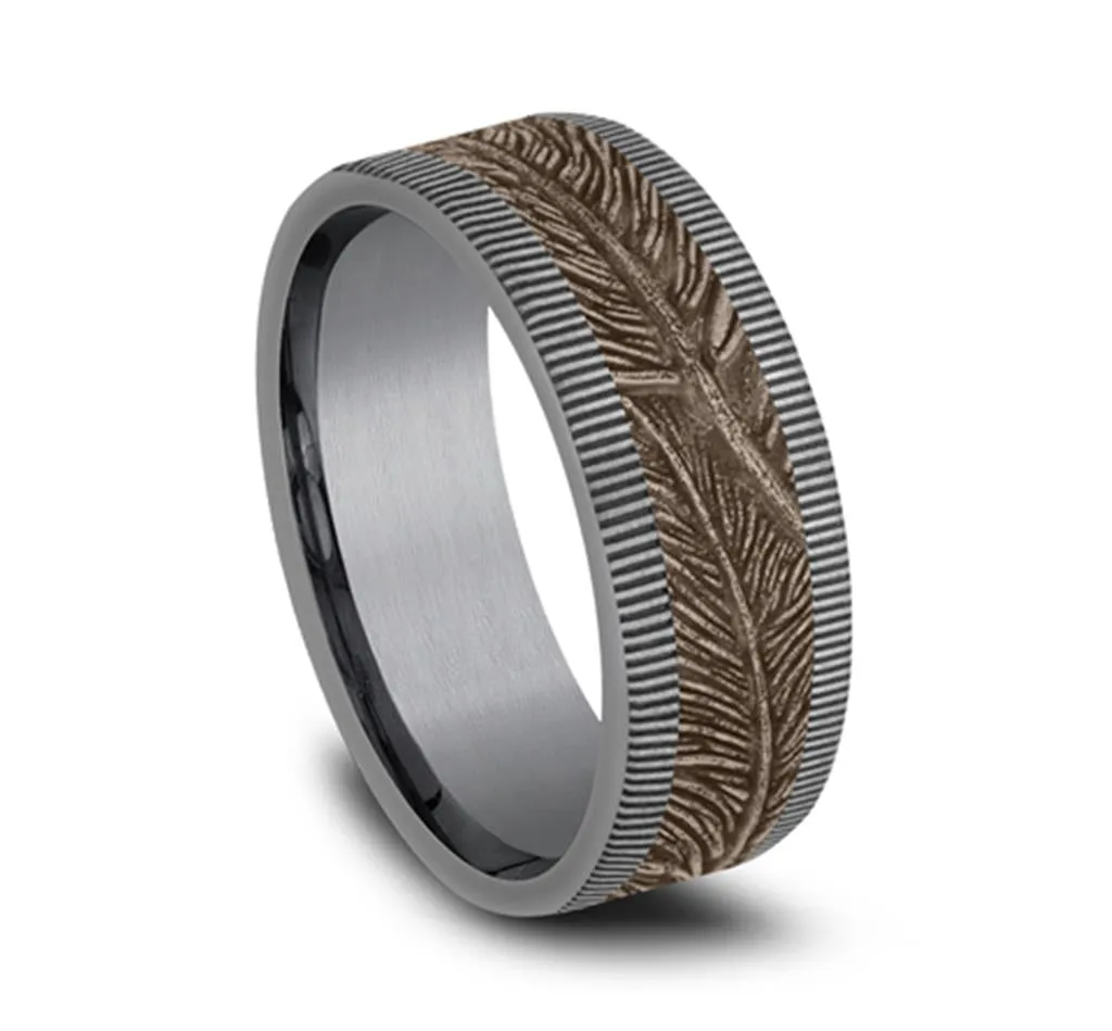 Gray Tantalum And 14K Rose Gold ??The Kestrel?? Feather Patterned 8mm Wedding Band
