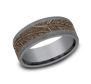Gray Tantalum And 14K Rose Gold ??The Kestrel?? Feather Patterned 8mm Wedding Band