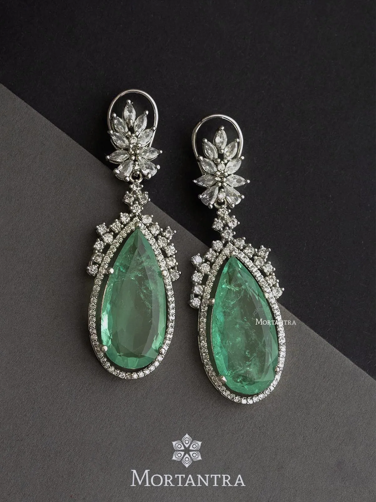 Green Color Silver Plated Faux Diamond Earrings - CZEAR471GR