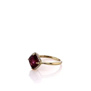 Lisa Nik 18k Yellow Gold Rhodolite Garnet and Diamond Halo Ring