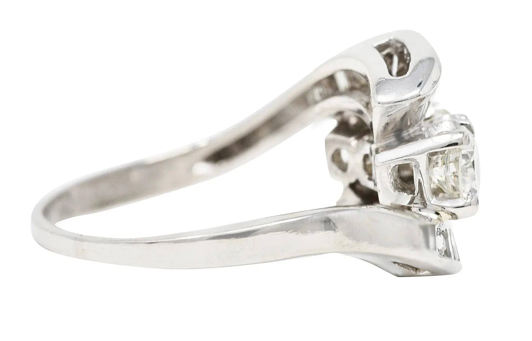 MID-CENTURY 2.03 CTW BAGUETTE DIAMOND PLATINUM SWIRLING VINTAGE BYPASS DINNER RING