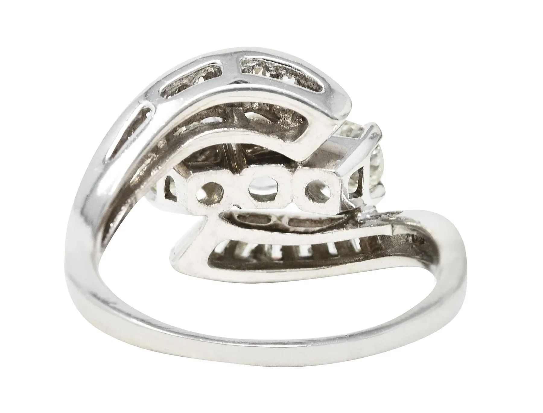 MID-CENTURY 2.03 CTW BAGUETTE DIAMOND PLATINUM SWIRLING VINTAGE BYPASS DINNER RING
