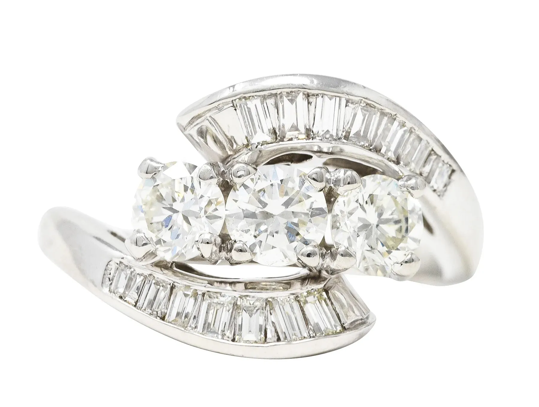 MID-CENTURY 2.03 CTW BAGUETTE DIAMOND PLATINUM SWIRLING VINTAGE BYPASS DINNER RING