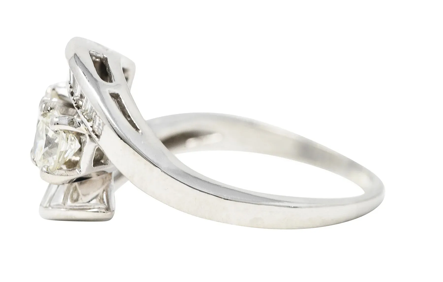 MID-CENTURY 2.03 CTW BAGUETTE DIAMOND PLATINUM SWIRLING VINTAGE BYPASS DINNER RING
