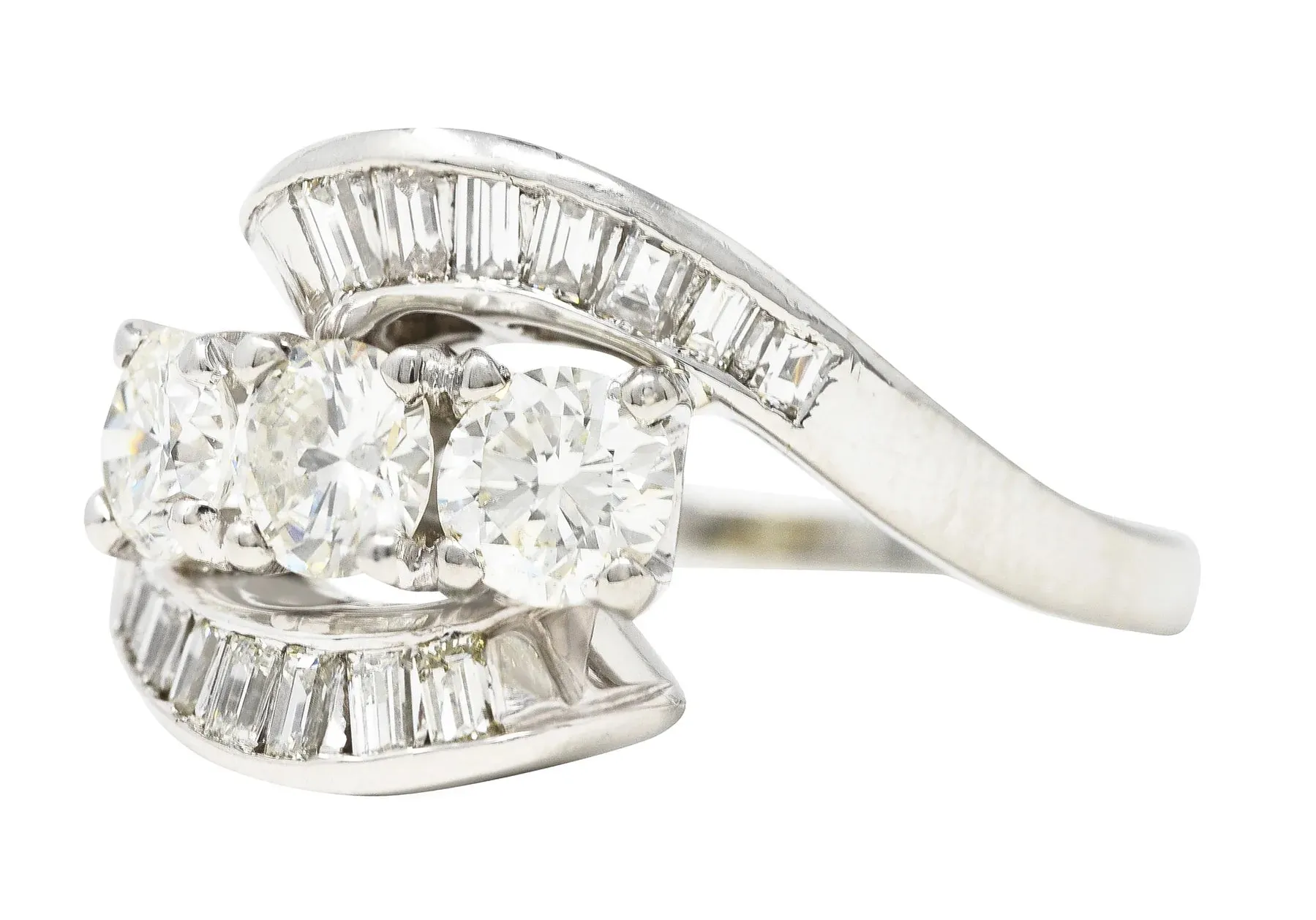 MID-CENTURY 2.03 CTW BAGUETTE DIAMOND PLATINUM SWIRLING VINTAGE BYPASS DINNER RING