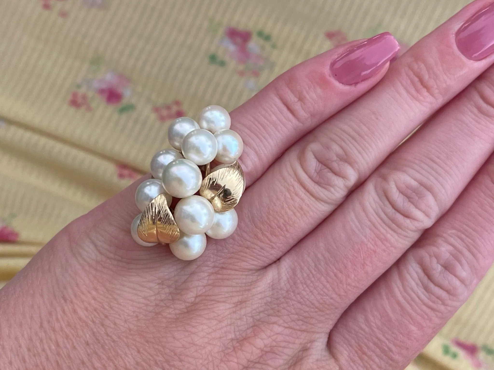 Mings Large Akoya Pearl and Leaf Ring in 14k Yellow Gold