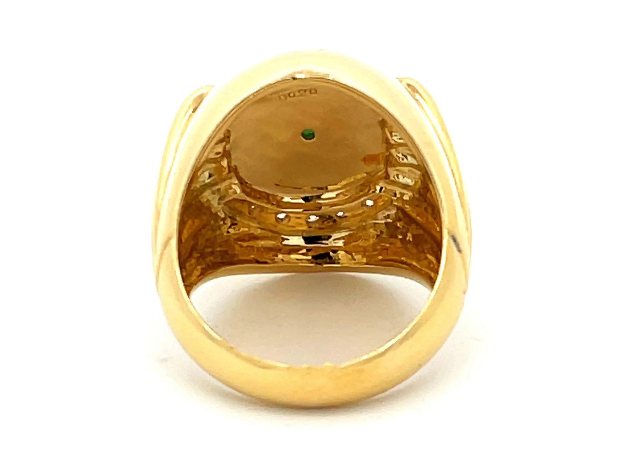 Mottled Green Jade and Diamond Ring with Fluted Shoulders in 18K Yellow Gold