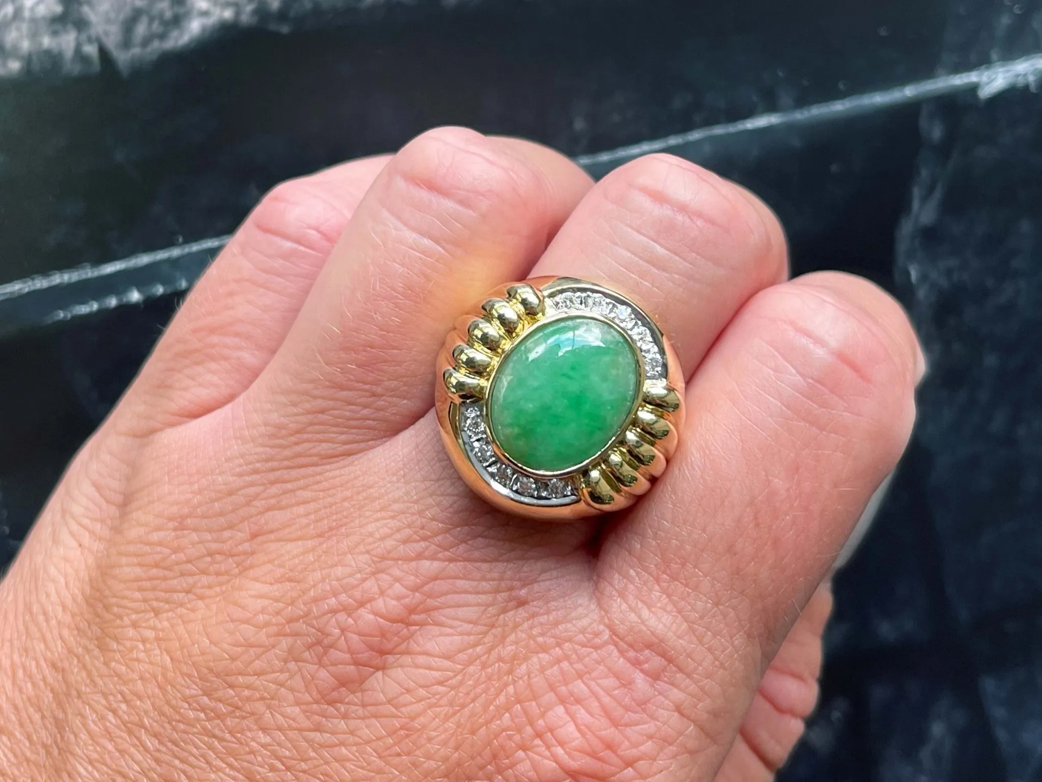 Mottled Green Jade and Diamond Ring with Fluted Shoulders in 18K Yellow Gold