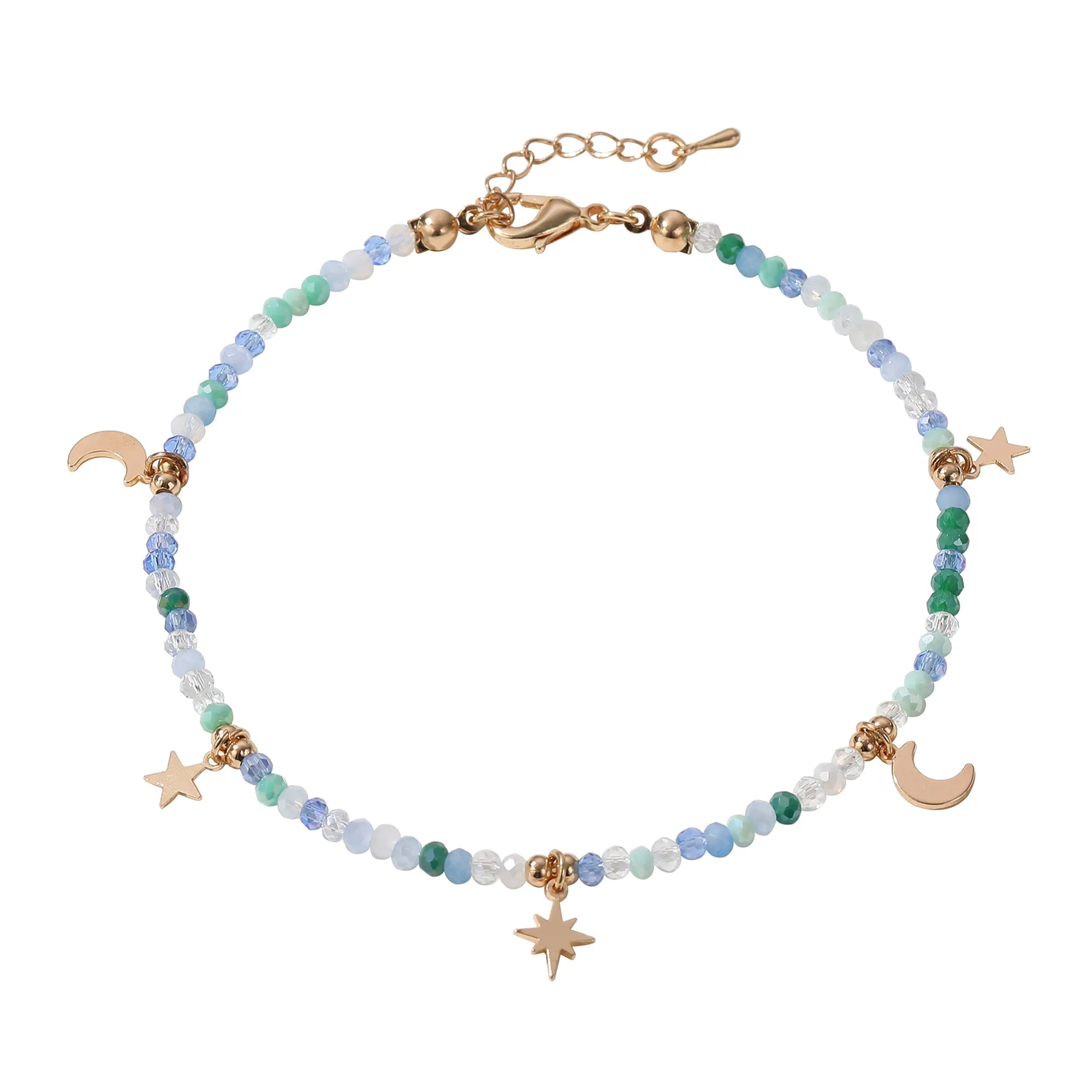 Multicolor Faceted Beads Anklet with Gold Moon & Stars - Elegant & Charming Jewelry for Women